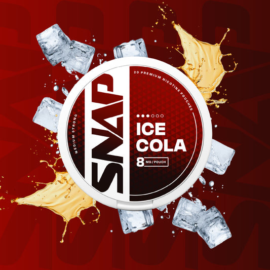 Snap Ice Cola nicotine pouches 8mg with ice cubes and cola splash, offering refreshing flavor and moderate nicotine satisfaction.