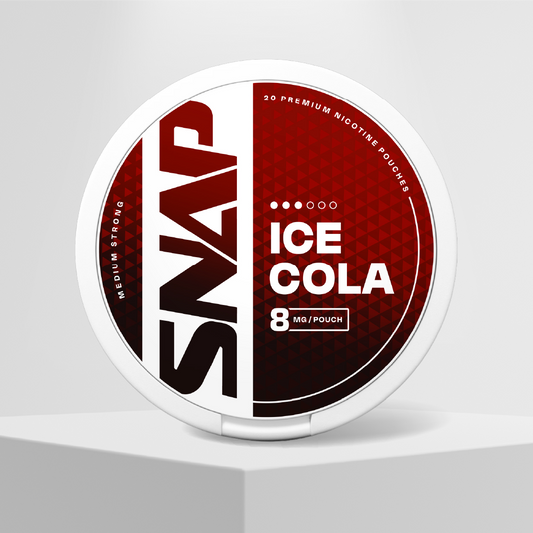 Snap Ice Cola nicotine pouches with 8mg nicotine, featuring a refreshing cola flavor in a stylish white container.