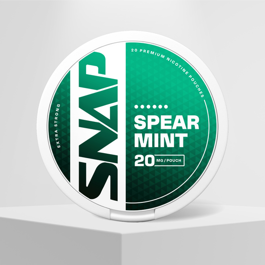 Snap Spearmint nicotine pouch can with 20mg nicotine per pouch and 20 pouches in total.